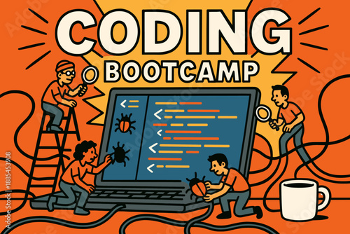 Comic style banner for coding bootcamp with huge laptop lines of code cables coffee cup and tiny developers debugging bugs.