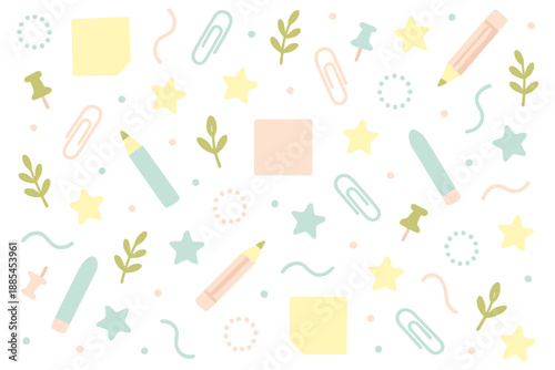 Pattern featuring pastel stationery like clips pins stars notes pencils sprigs dots and curves for planners and paper goods.