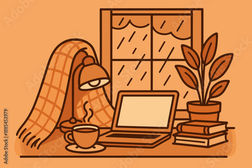 Illustration of cozy rainy study with blanket lamp tea window plant laptop books and warm tones for education posts.