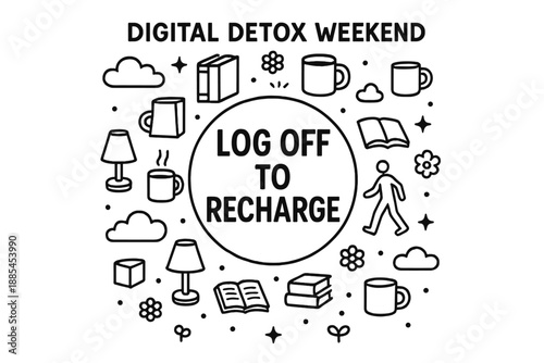 Poster about digital detox weekend with central log off to recharge title encircled by icons of books lamps mugs walks and clouds.
