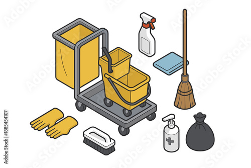 Isometric cleaning cart items with mop bucket spray cloth broom gloves brush trash bag and sanitizer for facility explainers.