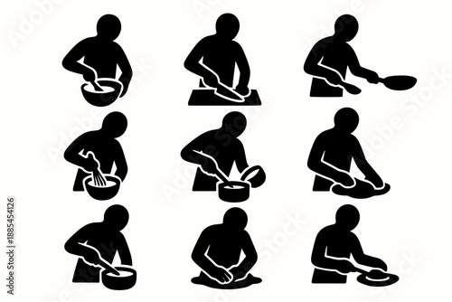 Silhouettes of cooking actions like mixing chopping whisking flipping pouring stirring kneading and serving for kitchen guides.