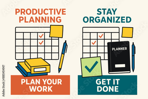 Two A4 banners for productive planning with calendars sticky notes pens folders planner book checkmarks and motivational phrases.