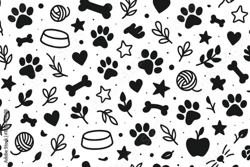 Pattern of cute pet motifs including paws bones bowls hearts stars leaves toys and whiskers for packaging.