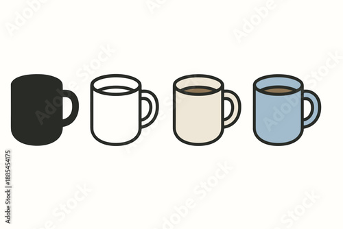 Four style mug illustration shown as solid glyph outline minimal flat color and cartoon shading for beverage themes.