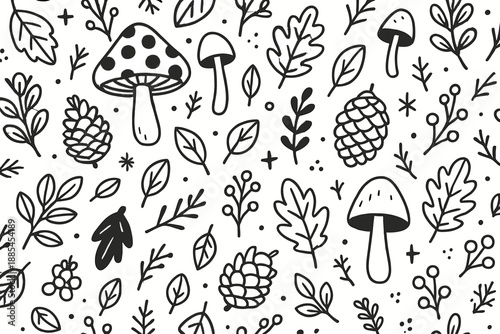Pattern featuring forest elements like mushrooms pinecones leaves branches berries stars and tiny details for wrapping.