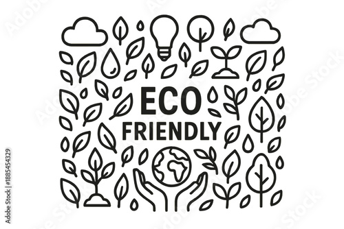 Poster around eco theme with icons of leaves water drops bulbs earth hands clouds trees and sprouts.
