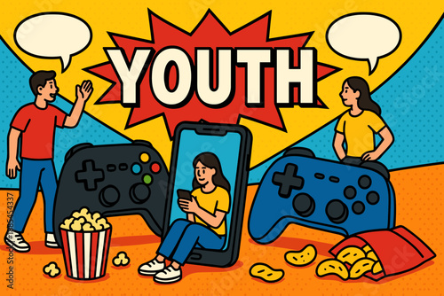 Comic youth banner with oversized gadgets giant phone controllers snacks text bubbles and tiny characters chatting.