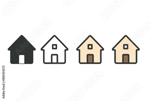 Four style home icon shown in solid glyph outline minimal flat color and soft cartoon shading for lifestyle UI.