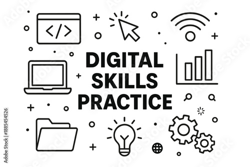 Poster for digital skills practice with icons: code lines cursor laptop graph folder bulb wifi and gears.