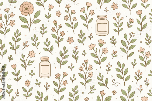Floral stationery pattern showcasing leaves blossoms stems jars labels and gentle decorative elements for packaging or print surfaces.