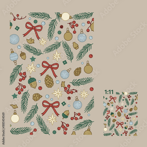Handdrawn Christmas pattern with pine branches ornaments berries and bows on a neutral background