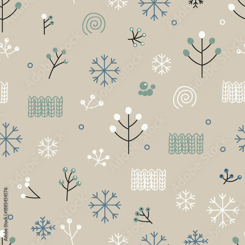 Seamless winter pattern with stylized snowflakes berries and knit texture on a beige background