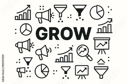 Poster icon marketing poster icon analytics poster with GROW headline and many small marketing icons like charts megaphones and funnels.