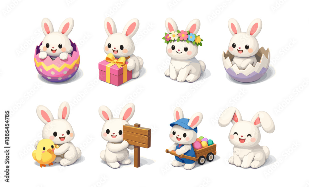 Obraz premium Cute Easter bunnies in various festive poses, perfect for spring celebrations