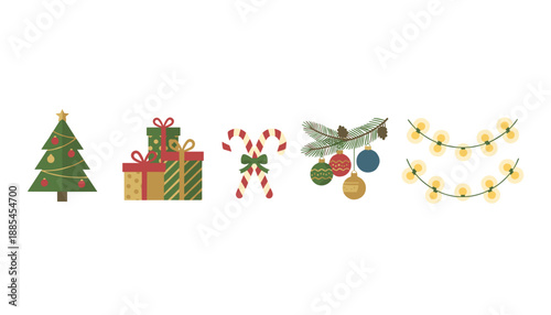 Festive Christmas set of vector icons tree gifts candy canes ornaments and string lights on white