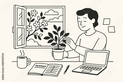 Illustration of person refreshing workspace for spring with open window blooming plant steaming mug planner laptop and sticky notes for productivity blogs.
