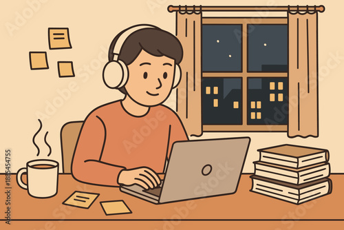 Illustration of cozy home study evening with student headphones laptop sticky notes tea stack of books and window lights for education blogs.