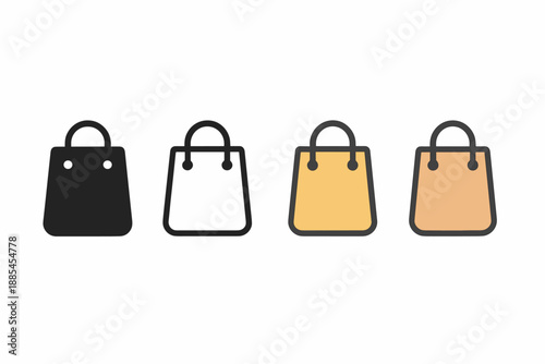 Four style shopping bag icon in solid glyph outline minimal flat colorful and softly shaded cartoon for ecommerce dashboards.