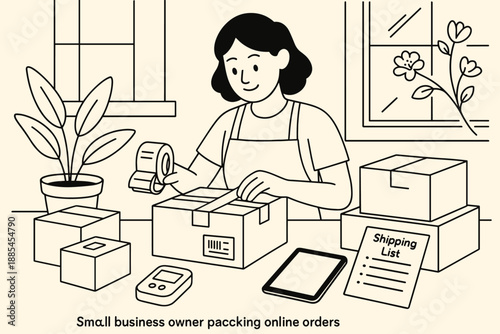 Illustration of small business owner packing spring online orders with boxes tape labels tablet shipping list houseplant and sunlight for ecommerce blogs.