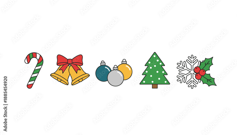 Fototapeta premium Festive Christmas symbols illustration candy cane bells baubles tree snowflake and holly