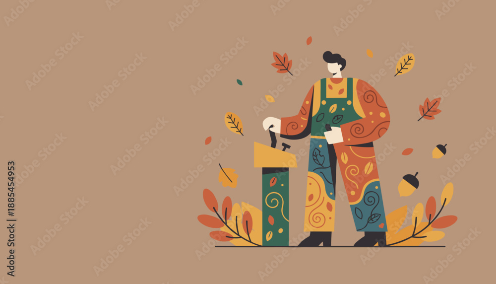 Fototapeta premium Flat graphic of a craftsman surrounded by colorful fall leaves symbolizing harvest or seasonal work