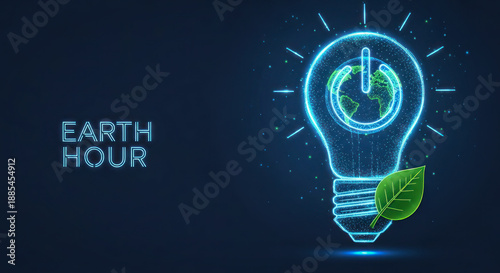 Light bulb illustration with Earth inside and green leaf symbolizing sustainability for Earth Hour event on dark background