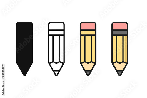 Four style pencil icon rendered in solid glyph outline minimal flat color and cartoon shading for study designs.