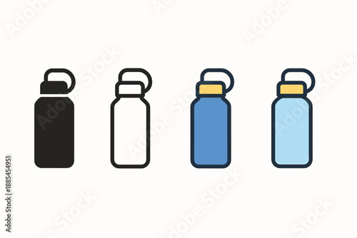 Bottle flask thermos four style vector icon set showing hydration essentials.