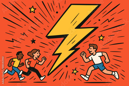 Energy motion excitement flat cartoon comic banner with oversized lightning bolt and tiny runners.