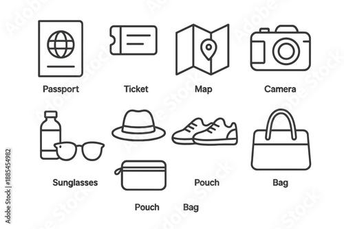 Travel essentials icons showing passport ticket map camera bottle sunglasses hat shoes pouch and bag.