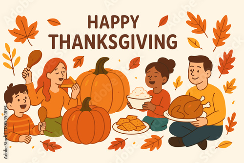 Thanksgiving autumn harvest holiday flat cartoon banner with pumpkins leaves and characters feasting.