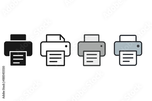 Printer copier device four style vector icon set for office equipment representation.