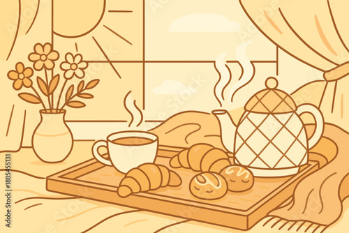 Illustration of weekend tea ritual with pastries flowers tray steaming pot cozy blanket and morning sunshine for lifestyle posts.
