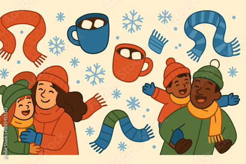 Cozy winter warm flat cartoon holiday banner featuring scarves cocoa snowflakes and cheerful families.