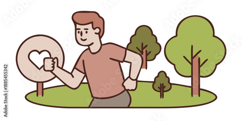  A middle-aged man jogging in a park while checking his heart rate on a smartwatch. Early morning sunlight, healthy lifestyle.