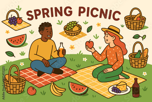 Spring picnic holiday flat cartoon banner with blankets baskets fruits and friendly characters.