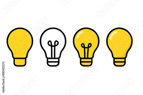 Four style lightbulb icon in solid glyph outline minimal flat and gentle cartoon shading for creative UI.