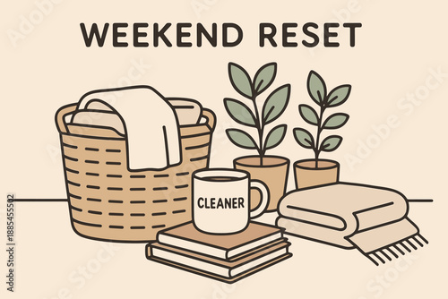 Illustration of weekend reset with laundry basket cleaner mug notebooks plants blanket light beam and tidy calm tone.
