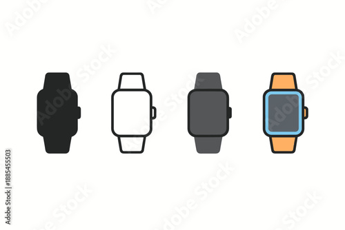 Smartwatch wearable gadget four style vector icon set showing wrist device variations.