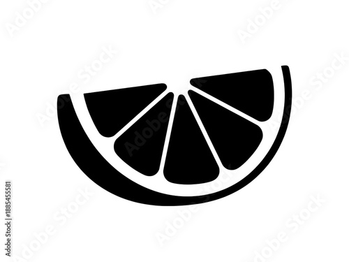 Citrus fruit slice silhouette icon showing segments, black orange or lemon wedge vector, minimalist juice and refreshment symbol for beverage design, isolated on transparent background.