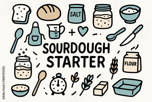 Sourdough Starter doodle highlight poster large central title SOURDOUGH STARTER surrounding 14 baking doodle icons thick lines black linework with teal accent fills white background flat.