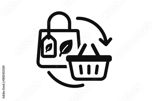Eco friendly shopping single icon featuring reusable bag leaf tag basket arrow and simple sustainability cues.