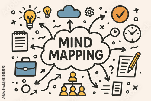 Mind mapping doodle flat vector poster with headline surrounded by cloud arrows tasks icons.