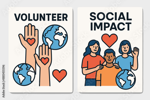 Volunteer social impact vector two a4 posters poster showing hands hearts globe and supportive people.
