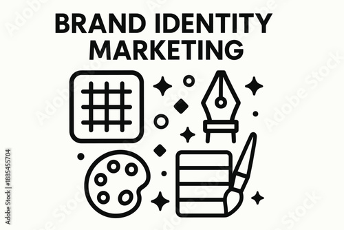 Brand identity marketing vector icons poster with headline showing logo grid pen palette icons.