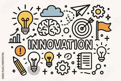 Innovation idea sketch doodle flat vector poster with headline and creative symbols.