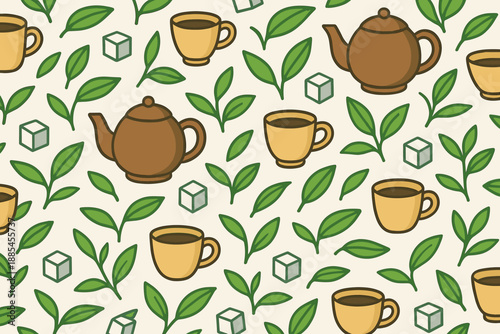 Tea drink café vector seamless pattern including cups leaves pots and sugar cubes.