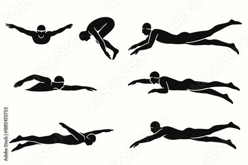 Swimmer diver athlete silhouette set with varied stroke and dive motions.
