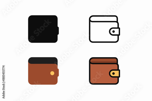 wallet purse billfold four style vector icon set shows the same wallet object across four styles for versatile commercial use.